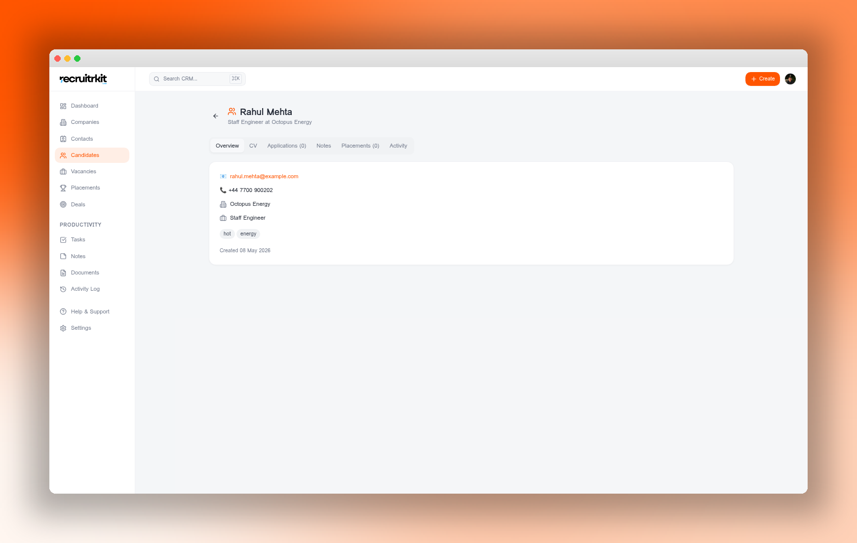 RecruitrKit CRM candidate profile with parsed CV details