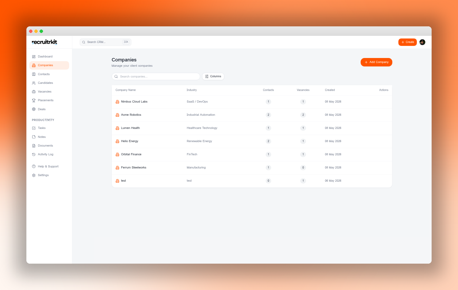 RecruitrKit CRM companies list with contact and vacancy counts