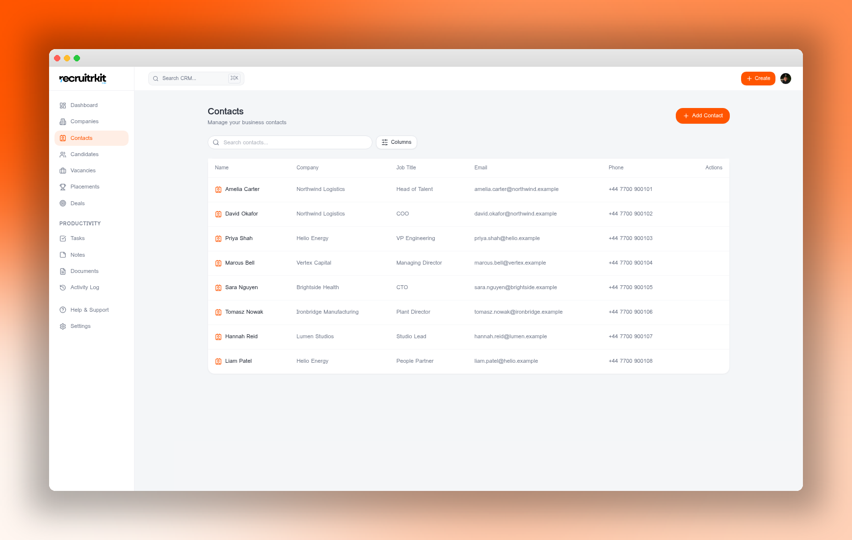 RecruitrKit CRM contacts mapped to companies and roles