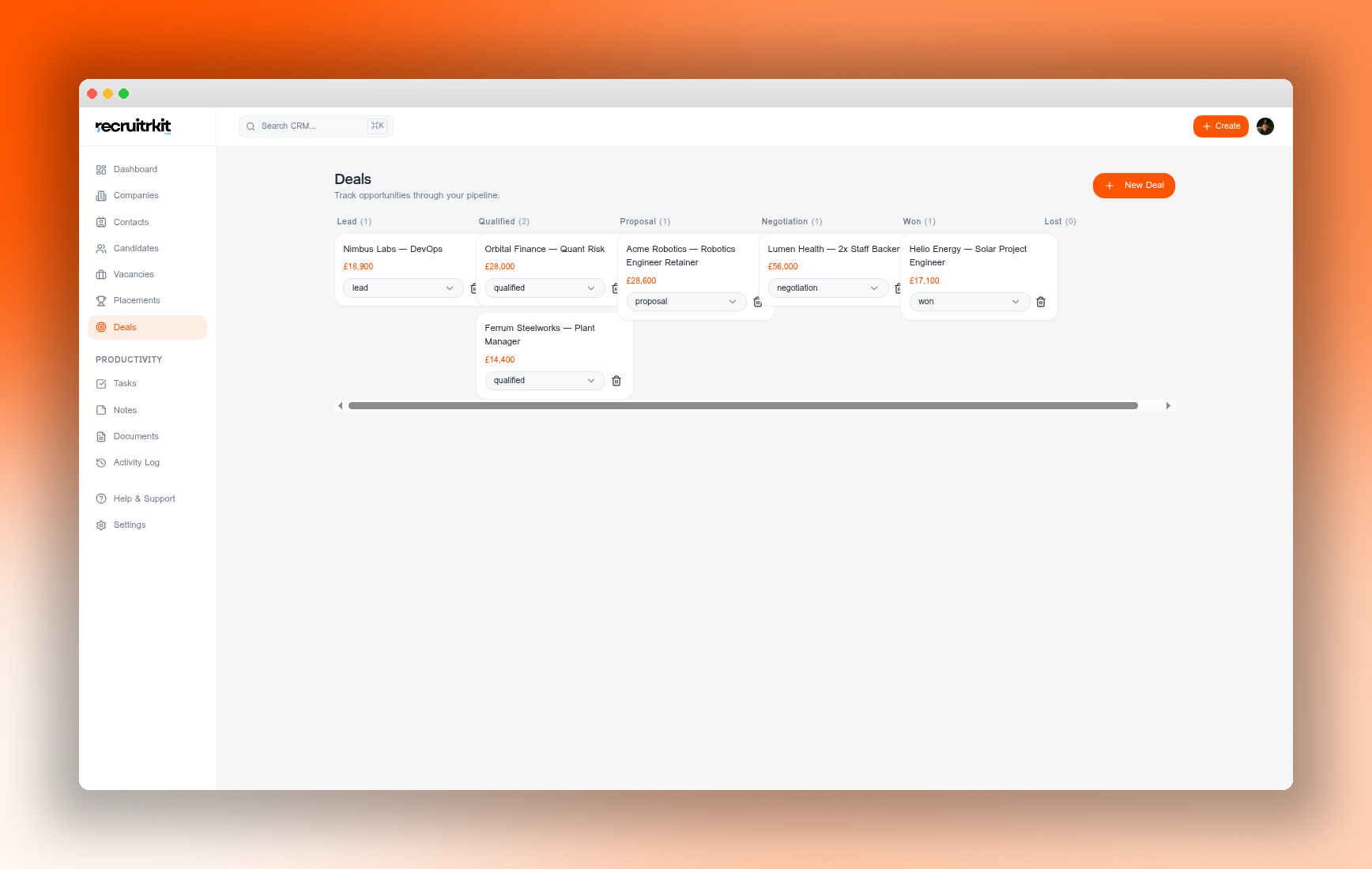 RecruitrKit CRM deals pipeline Kanban with weighted fee forecast