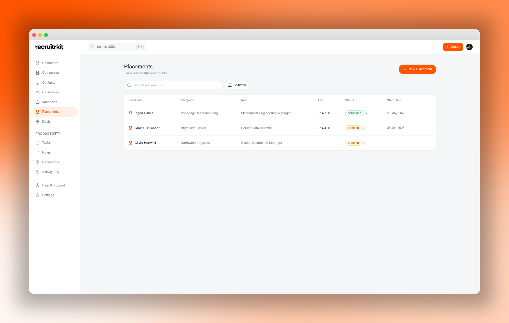 RecruitrKit CRM placements tracking with fees and start dates