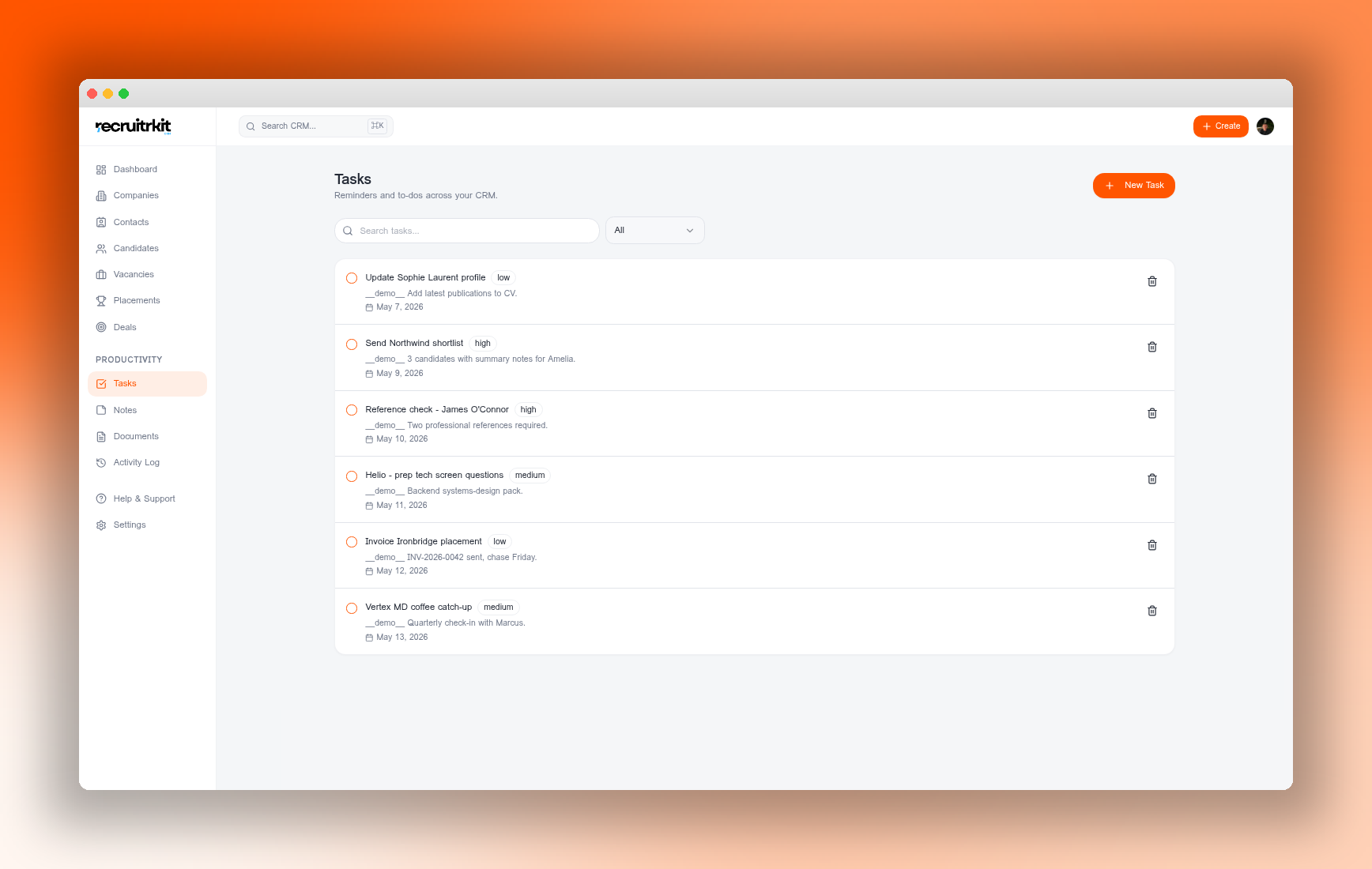 RecruitrKit CRM task management with priority tags