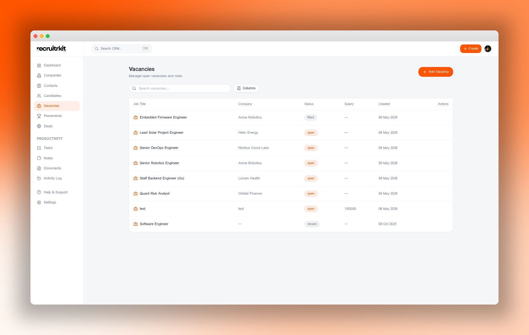 RecruitrKit CRM vacancies list with linked candidate counts