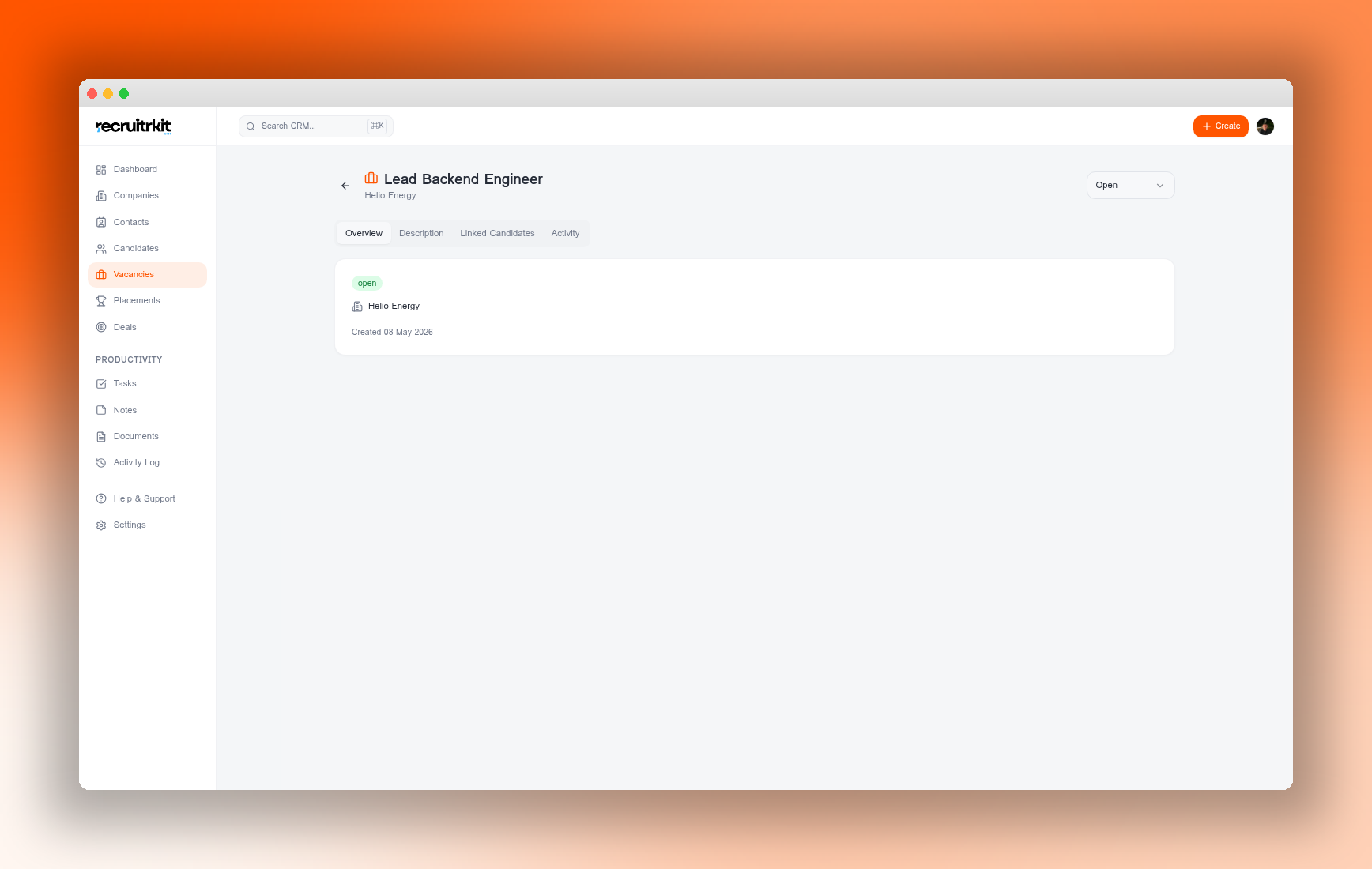 RecruitrKit CRM vacancy detail with linked candidates